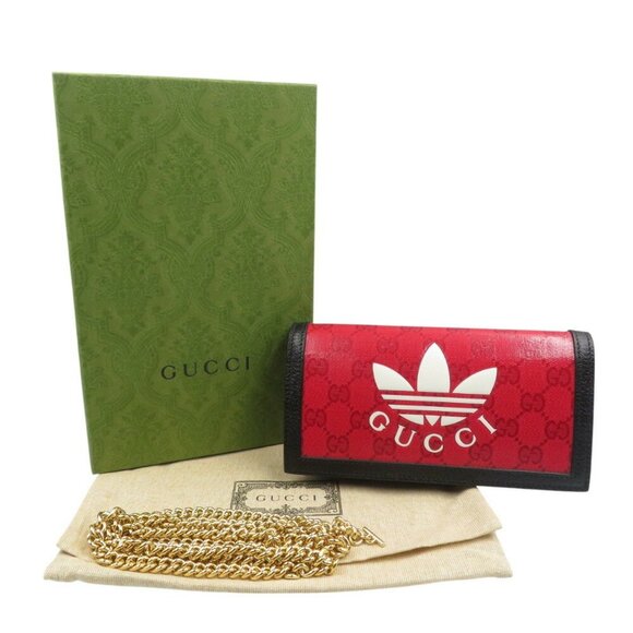 GUCCI x adidas GG Crystal Chain Wallet Red Black Canvas Leather - Picture 4 of 9